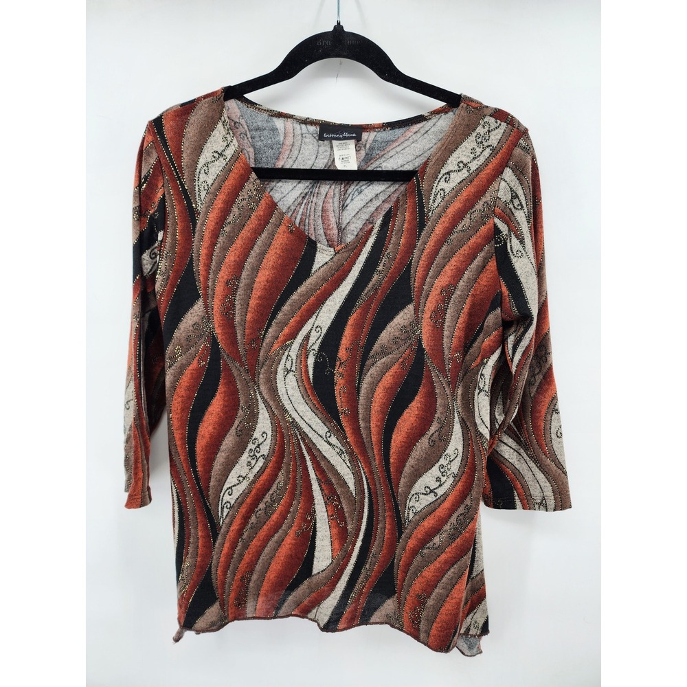 Brittany Black Abstract Wave V-Neck 3/4 Sleeve Top PL